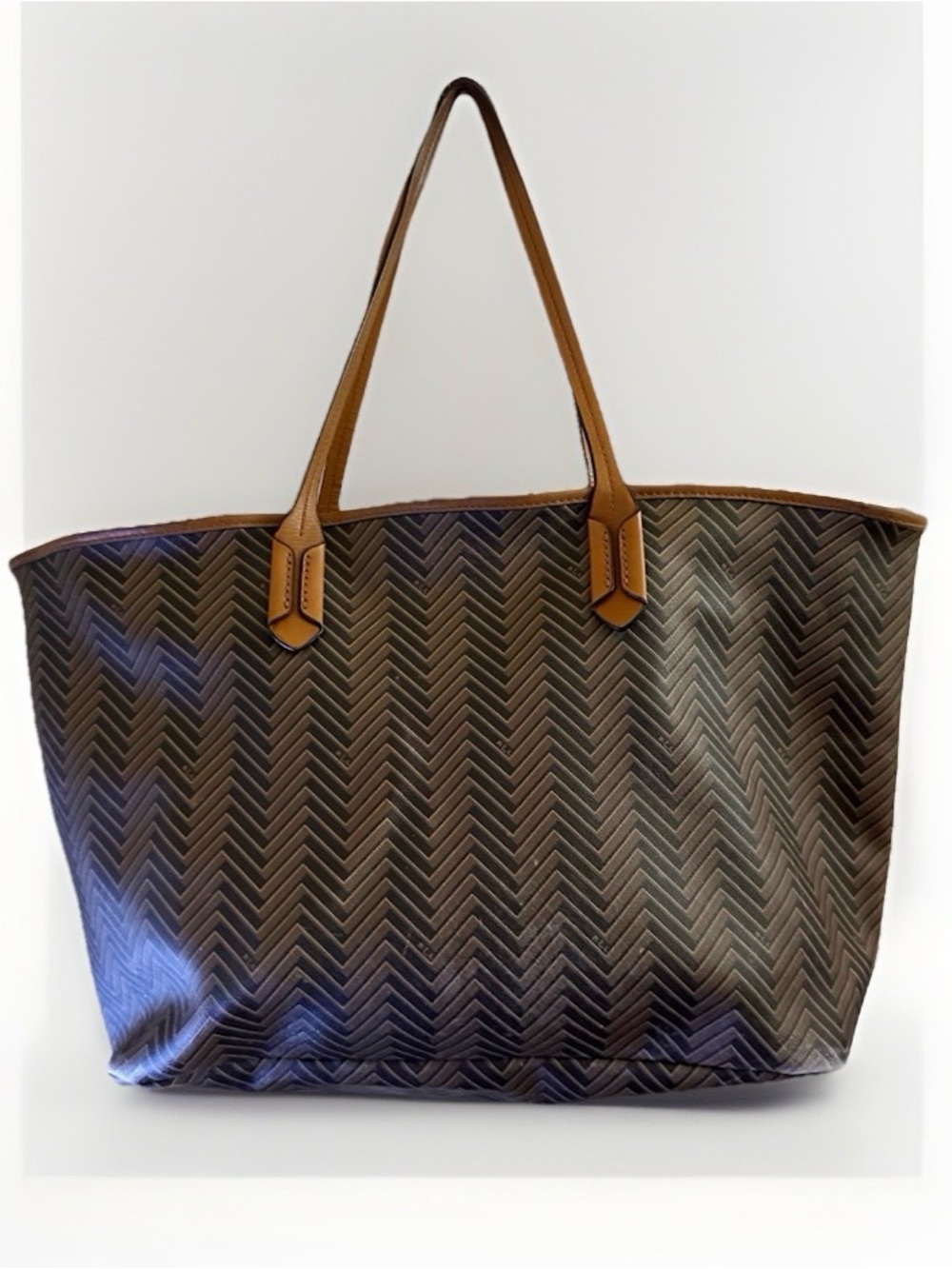Lauren Ralph Lauren Canvas Brown Chevron Tote Leather Handles Preppy Coastal